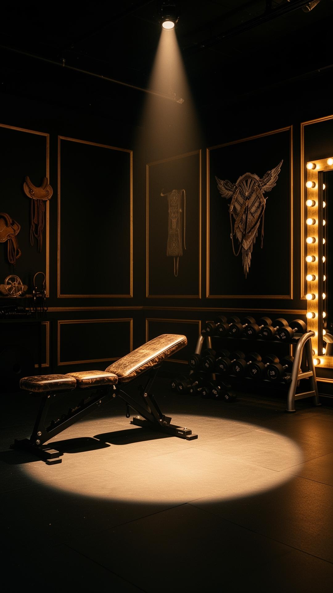 A spotlit leather bench, neat dumbbell rack, and a gold-framed marquee mirror for one-on-one training